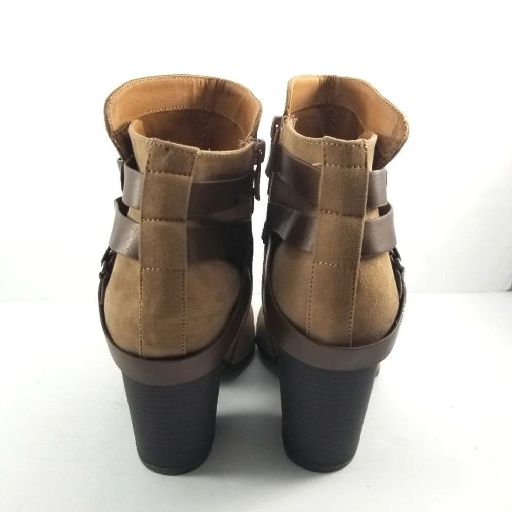 Tan Microfiber Suede Harness Ankle Boots‎ Brown Straps Block Heel 9W